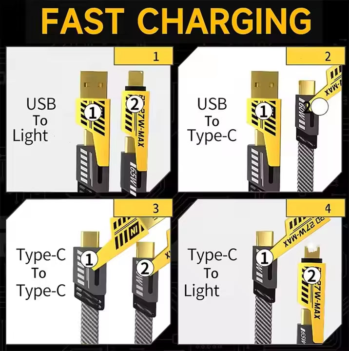 4-in-1 20W Metal USB-C Type C Braided Charger Cable Zinc Alloy Fast Charging Mobile Phone Data Wire Multi-Function USB Cable