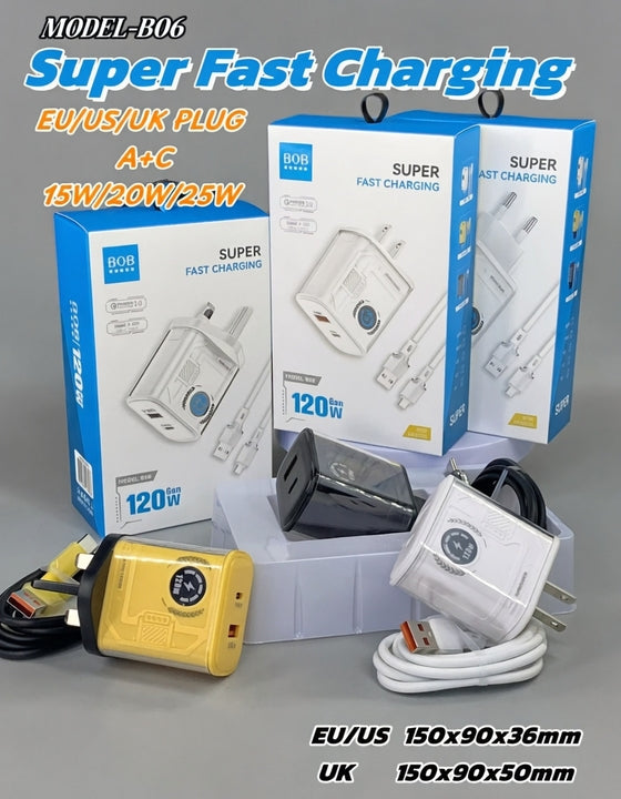 Customized 120W USB Type C PD Charger 2 Ports 2.4A EU/US/UK Plug Wall Adapter for iPhone for Xiaomi for Samsung 5V3A