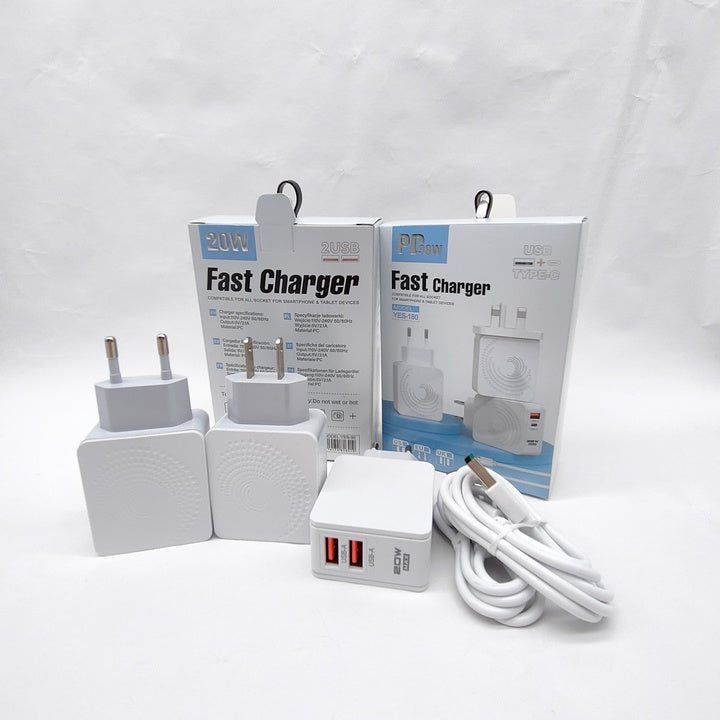 Android Phone Charger Fast Charging PD QC with Cable OEM EU/US/UK Plug 3-Pin Adapter 2 USB + Type-C Ports Electric