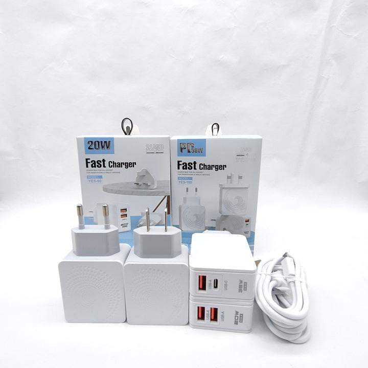 Android Phone Charger Fast Charging PD QC with Cable OEM EU/US/UK Plug 3-Pin Adapter 2 USB + Type-C Ports Electric