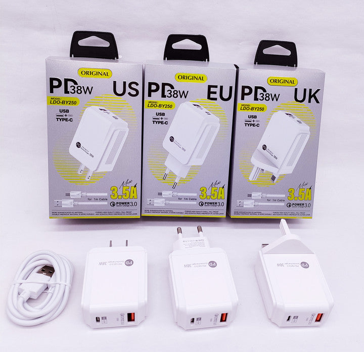 Factory Customization 18W 38 Watt Mobile Charger Chap Price 2 Usb Ports QC 3.0 and Type c PD Phone Charger