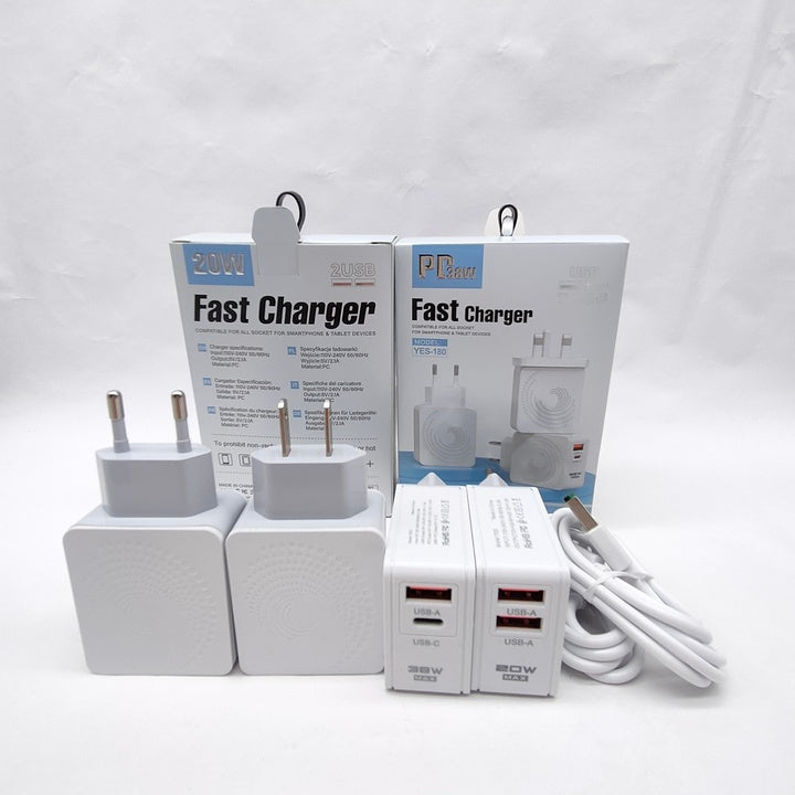Android Phone Charger Fast Charging PD QC with Cable OEM EU/US/UK Plug 3-Pin Adapter 2 USB + Type-C Ports Electric