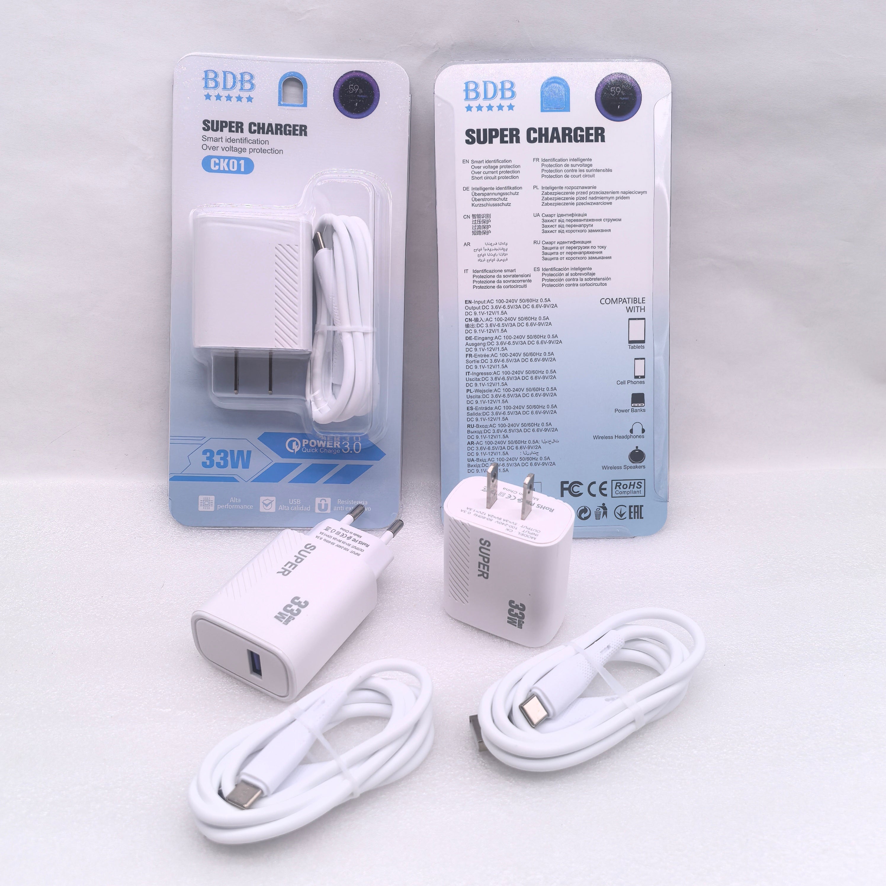 OEM Type C USB Wall Charger QC3.0 Fast Charging Mobile Phone Package with 5V/2.4A Output and 9V/2A Input